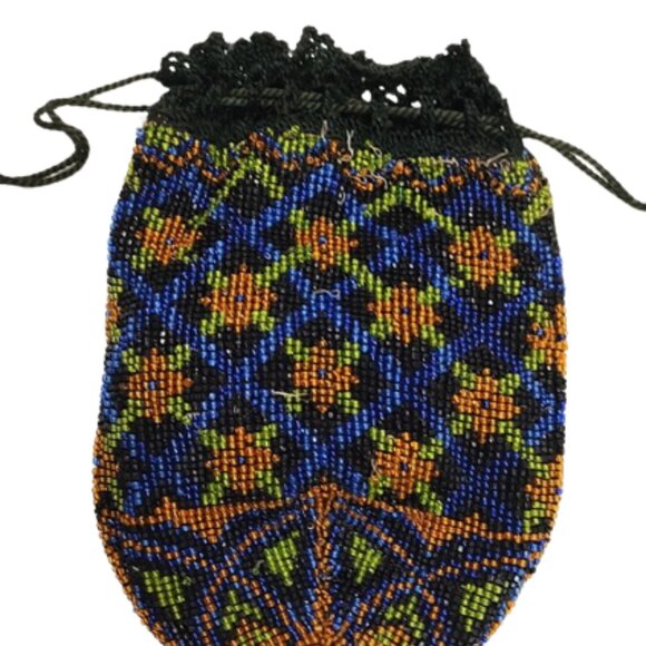 Antique Victorian 1900s Small Floral Beaded Reticule Handbag With Drawstring Top - Picture 2 of 5